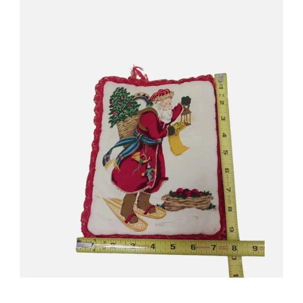 Vintage Christmas Santa Hot Potholder Cotton Classic Fabric Panel 9x8 Red Lace